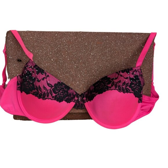 38 D Hot Pink Black Lace Underwire Rhinestone Detail - Picture 4 of 6